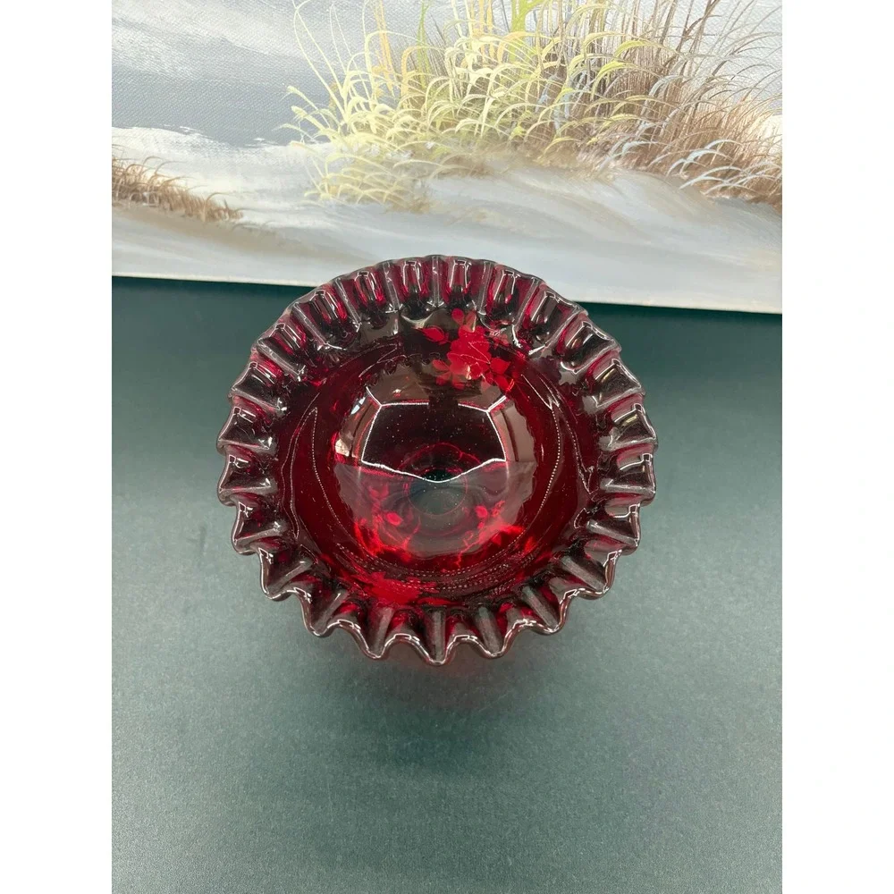 Fenton Ruby Red Glass Pedestal Candy Dish Hand Painted Floral Ruffled Rim Kim L
